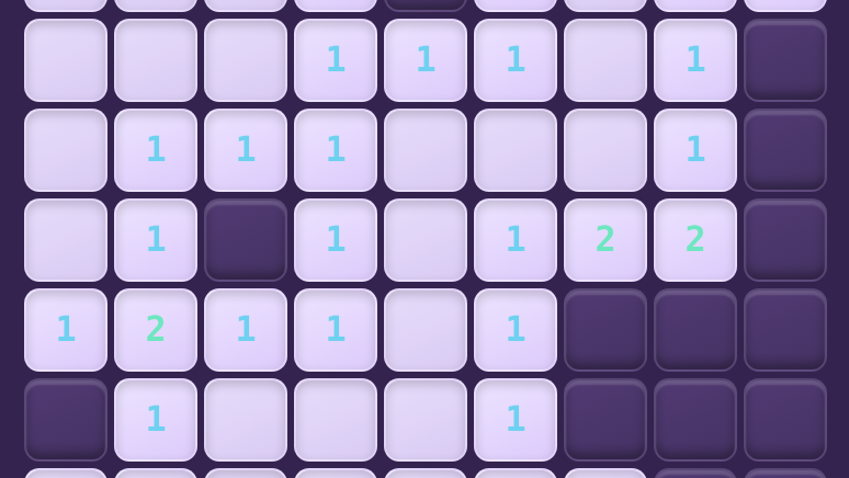 A crystal cave grid of purple stone tiles with coloured numbers